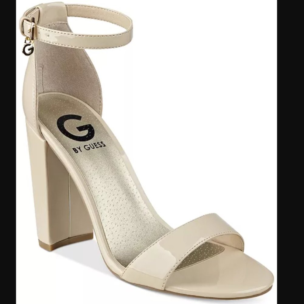 GUESS Patent Block High Heel Sandal with Ankle Strap Cream Beige Neutral Size 10
